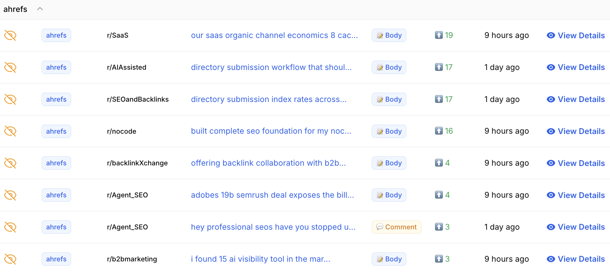 Pageradar's reddit keywords alert feature