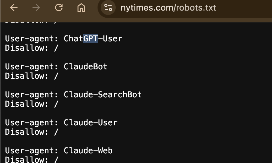 The NYtimes is actively blocking AI bots